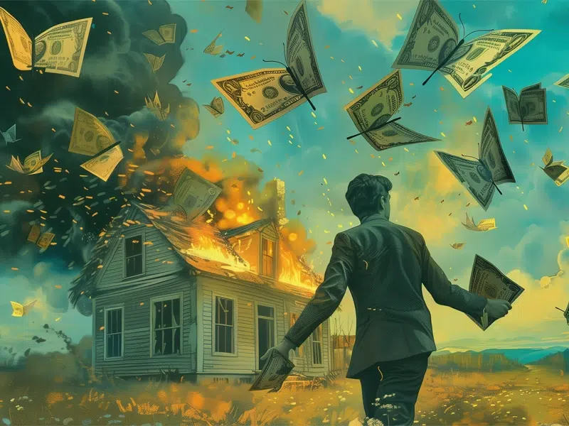 Illustration. A house burns in the distance. Money flies through the air resembling butterflies. A man tries to catch the money that falls.